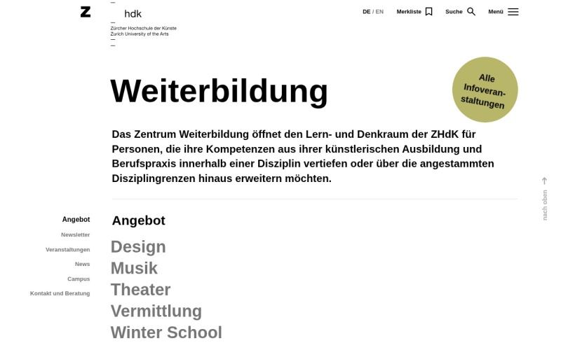 Vorschau der Webseite von ZHdK Zürcher Hochschule der Künste – Zentrum Weiterbildung (CAS Type & Brand, Motion Design)
